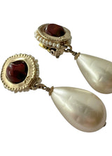CHANEL CC RESIN BURGUNDY PEARL DANGLE EARRINGS