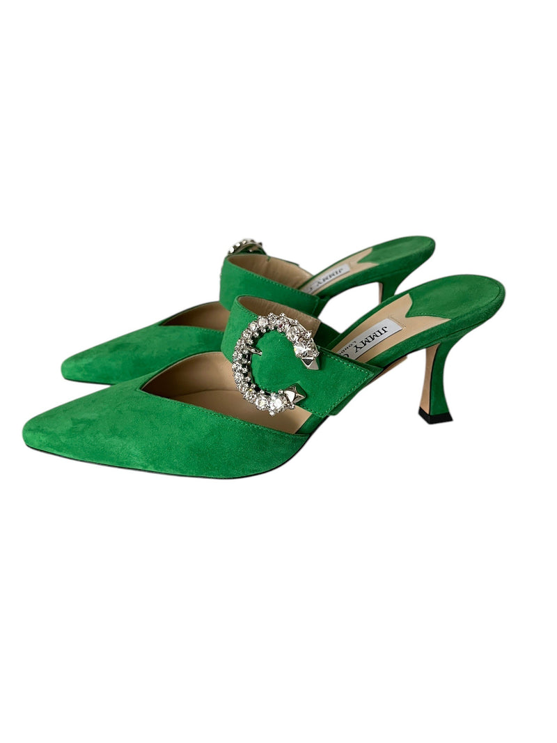 JIMMY CHOO GREEN CRYSTAL SANDALS 37.5