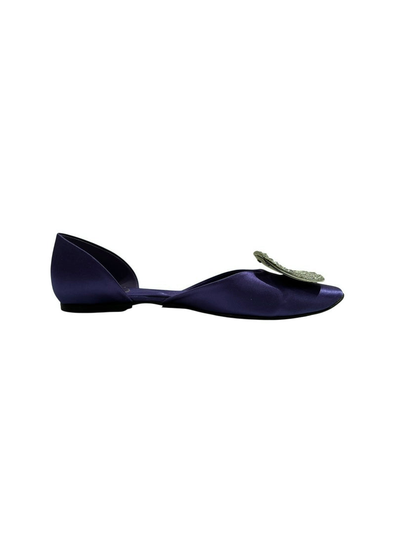ROGER VIVIER PURPLE SATIN CRYSTAL D'ORSAY FLATS 37