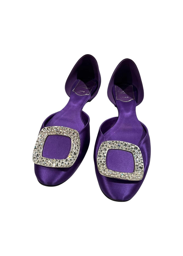 ROGER VIVIER PURPLE SATIN CRYSTAL D'ORSAY FLATS 37