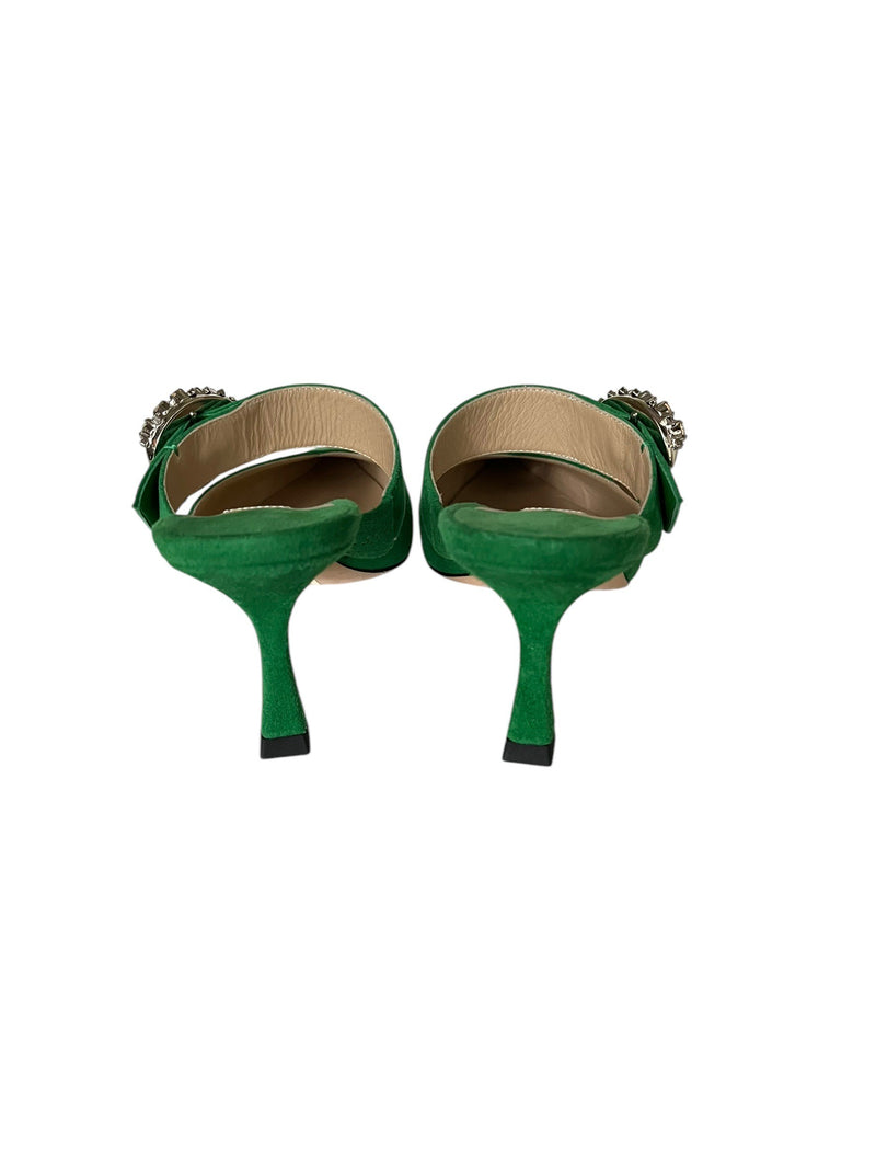 JIMMY CHOO GREEN CRYSTAL SANDALS 37.5