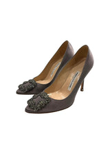 MANOLO BLAHNIK HANGISI GREY SATIN PUMPS 36.5