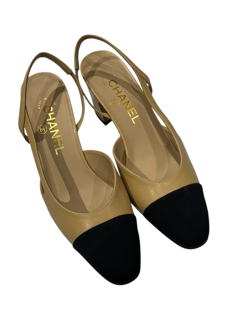 CHANEL TWOTONE LEATHER SLINGBACK 36.5