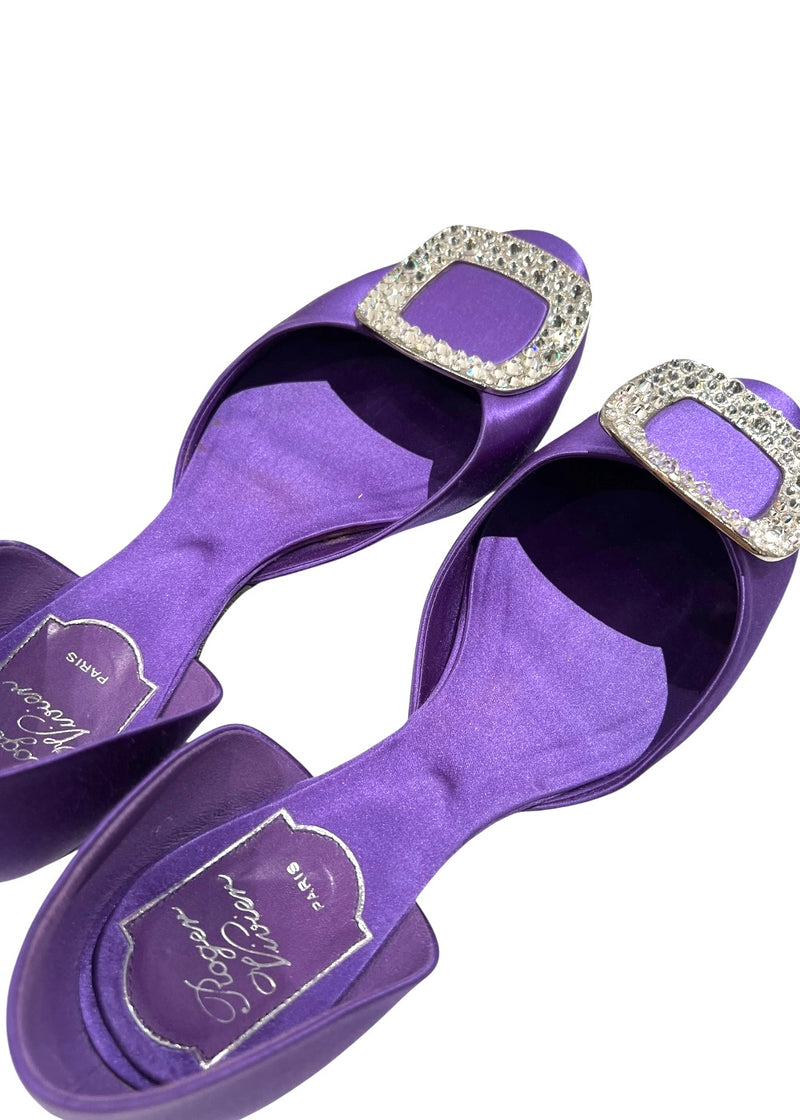 ROGER VIVIER PURPLE SATIN CRYSTAL D'ORSAY FLATS 37
