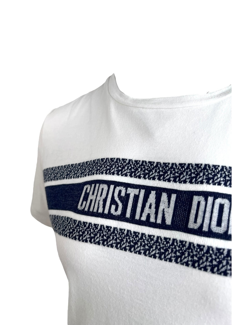 CHRISTIAN DIOR T-SHIRT WHITE NAVY BLUE COTTON JERSEY S