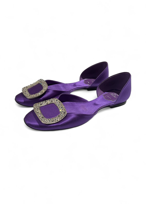 ROGER VIVIER PURPLE SATIN CRYSTAL D'ORSAY FLATS 37