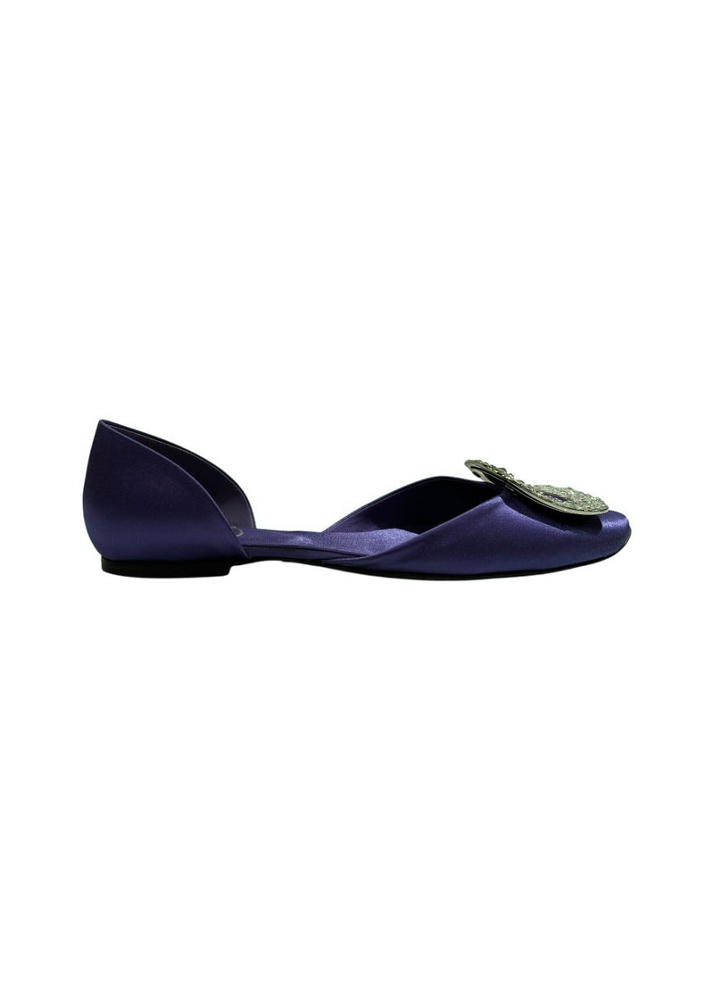 ROGER VIVIER PURPLE SATIN CRYSTAL D'ORSAY FLATS 37