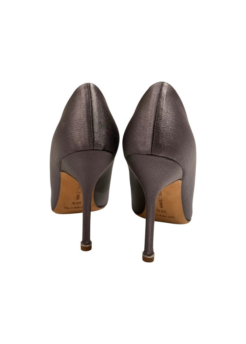 MANOLO BLAHNIK HANGISI GREY SATIN PUMPS 36.5