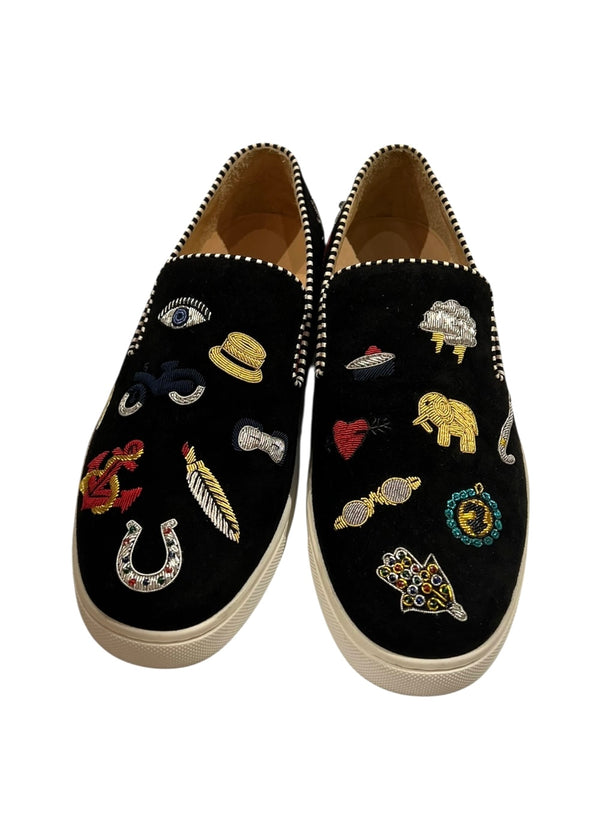 CHRISTIAN LOUBOUTIN BLACK SUEDE PIK N LUCK SNEAKERS 37.5