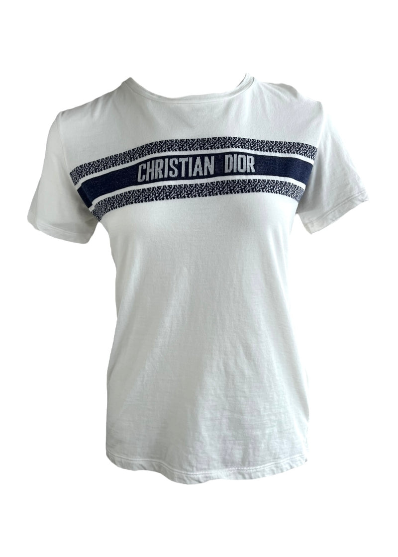 CHRISTIAN DIOR T-SHIRT WHITE NAVY BLUE COTTON JERSEY S