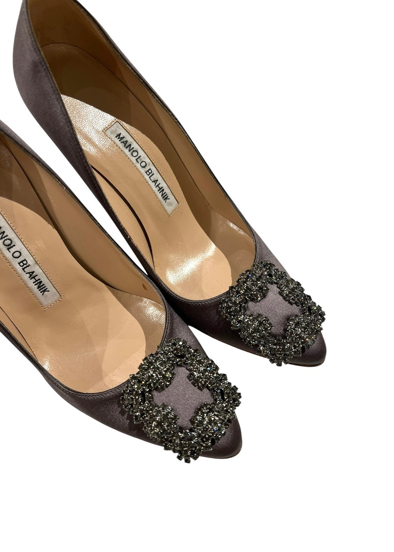 MANOLO BLAHNIK HANGISI GREY SATIN PUMPS 36.5