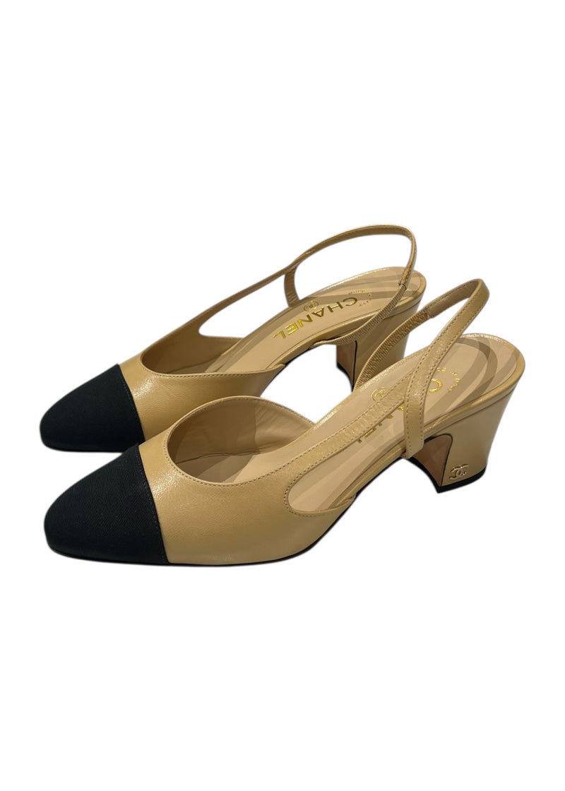 CHANEL TWOTONE LEATHER SLINGBACK 36.5