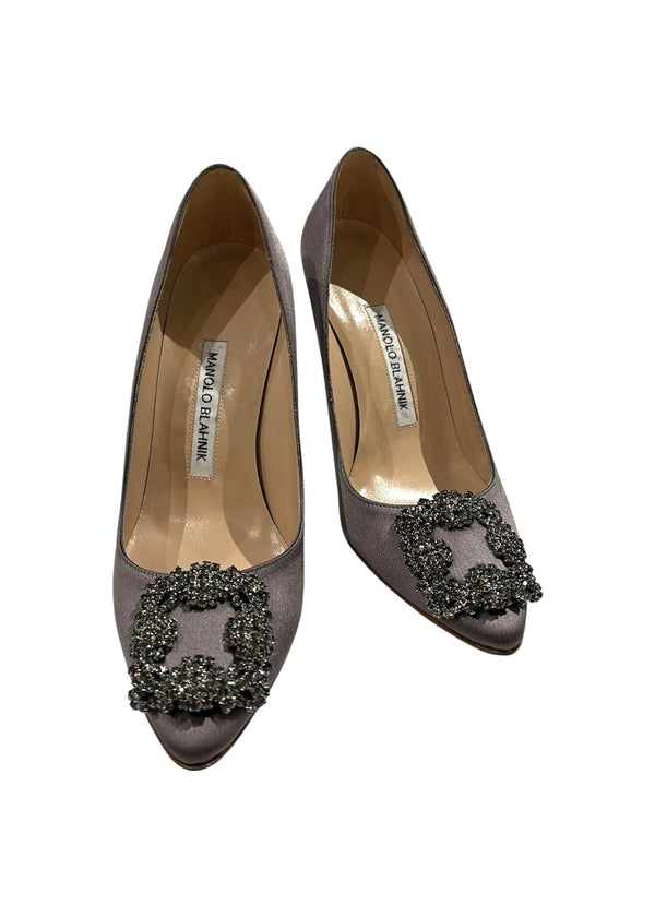 MANOLO BLAHNIK HANGISI GREY SATIN PUMPS 36.5