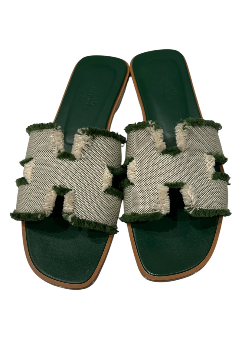 HERMES CALFSKIN ORAN FRINGE SANDALS 37.5