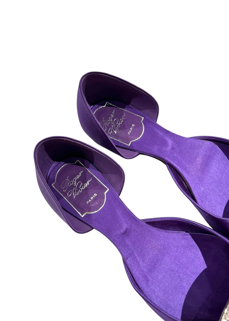 ROGER VIVIER PURPLE SATIN CRYSTAL D'ORSAY FLATS 37