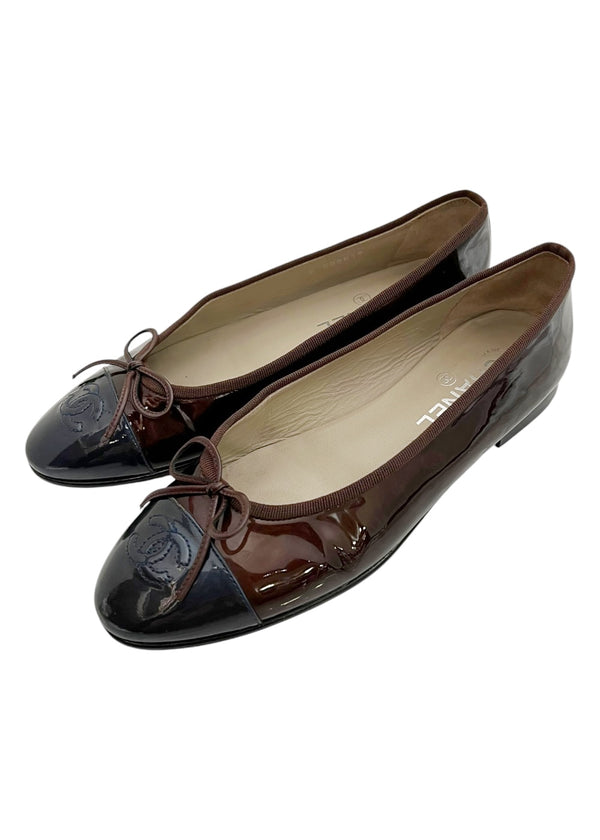 CHANEL BRONWN PATENT FLATS 37.5