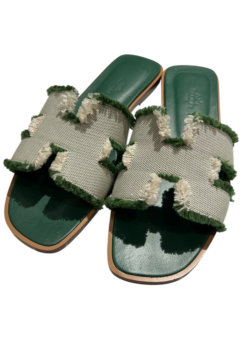 HERMES CALFSKIN ORAN FRINGE SANDALS 37.5